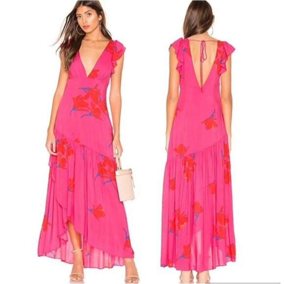 Free People Tropical Hawaiian Hibiscus Hot Pink Floral Maxi  Drtess Sz 4 # 1513 - Picture 4 of 13